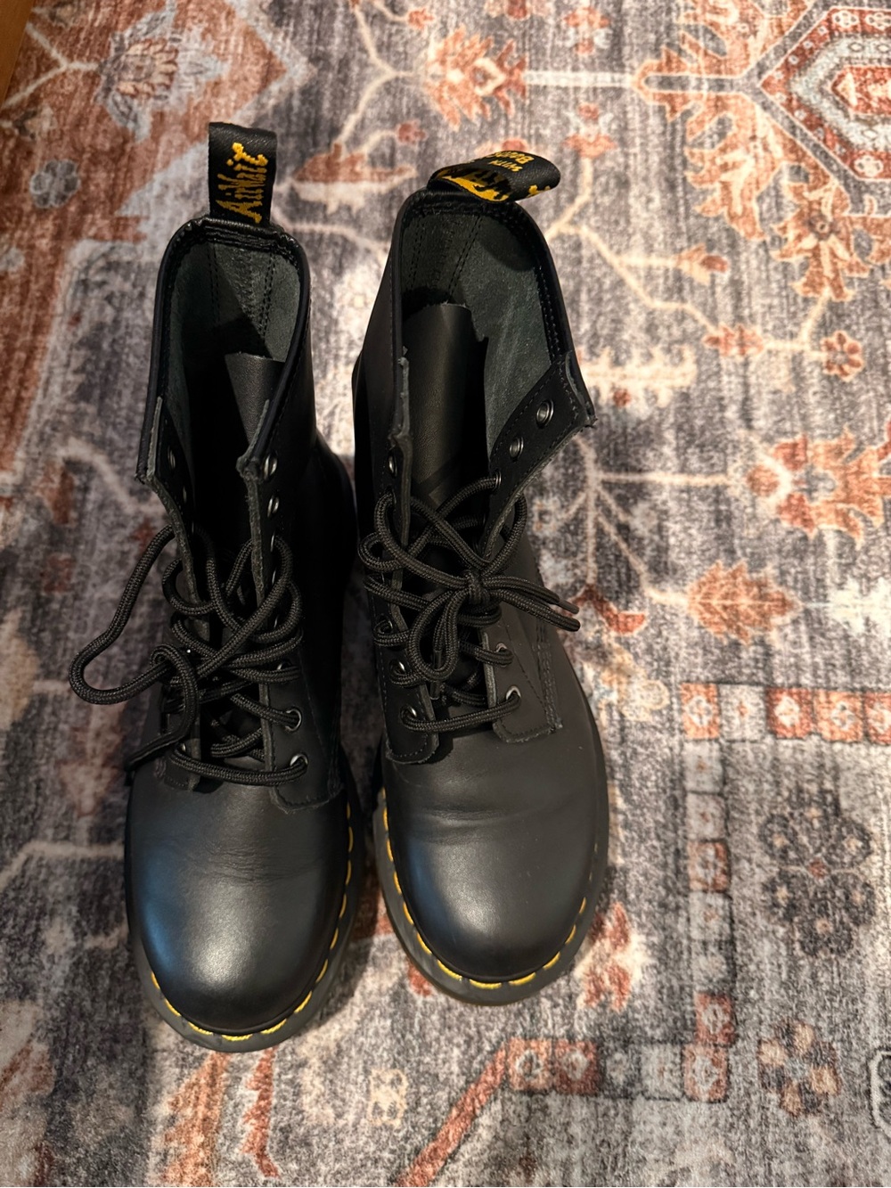 Dr. Martens Black Leather Lace-Up Boots with Yellow Stitching